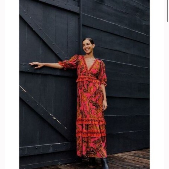 Farm Rio Croco Pink Maxi Dress Large NWT boho artsy formal - Picture 2 of 4